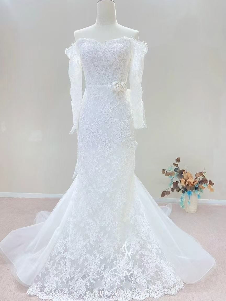 送料無料！ウェディングドレス オフショルダー ロングスリーブ リボン ビスチェ ブライダル 美しい花レース マーメイド