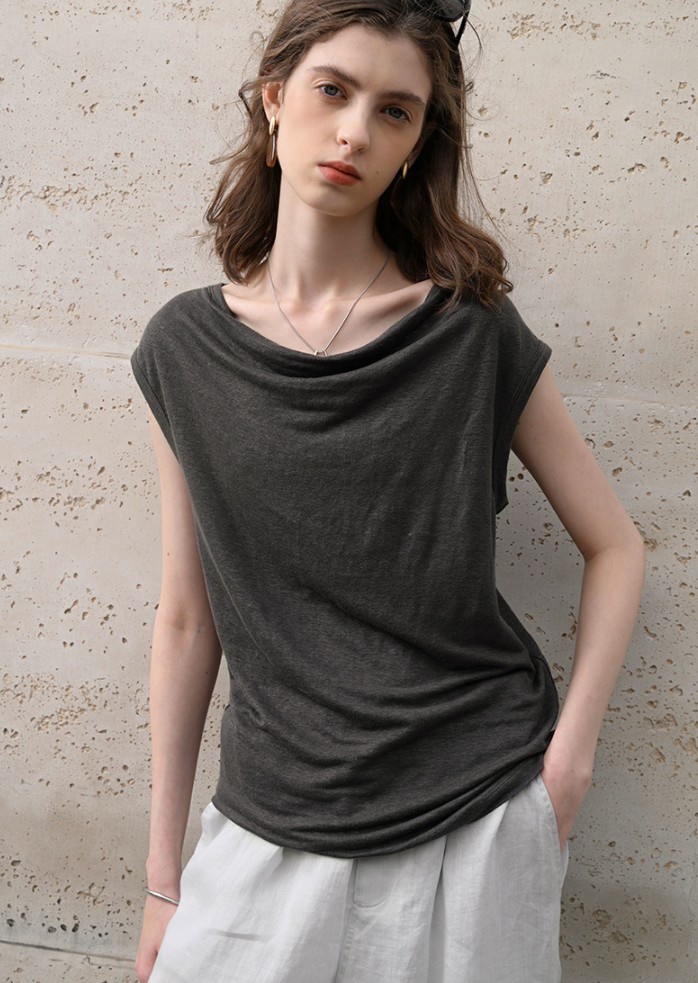漢麻100% オフショルダートップス フレンチリラックスシルエット 夏用プレミアムニット#黒色