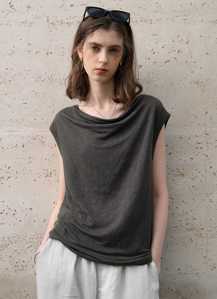 漢麻100% オフショルダートップス フレンチリラックスシルエット 夏用プレミアムニット#黒色