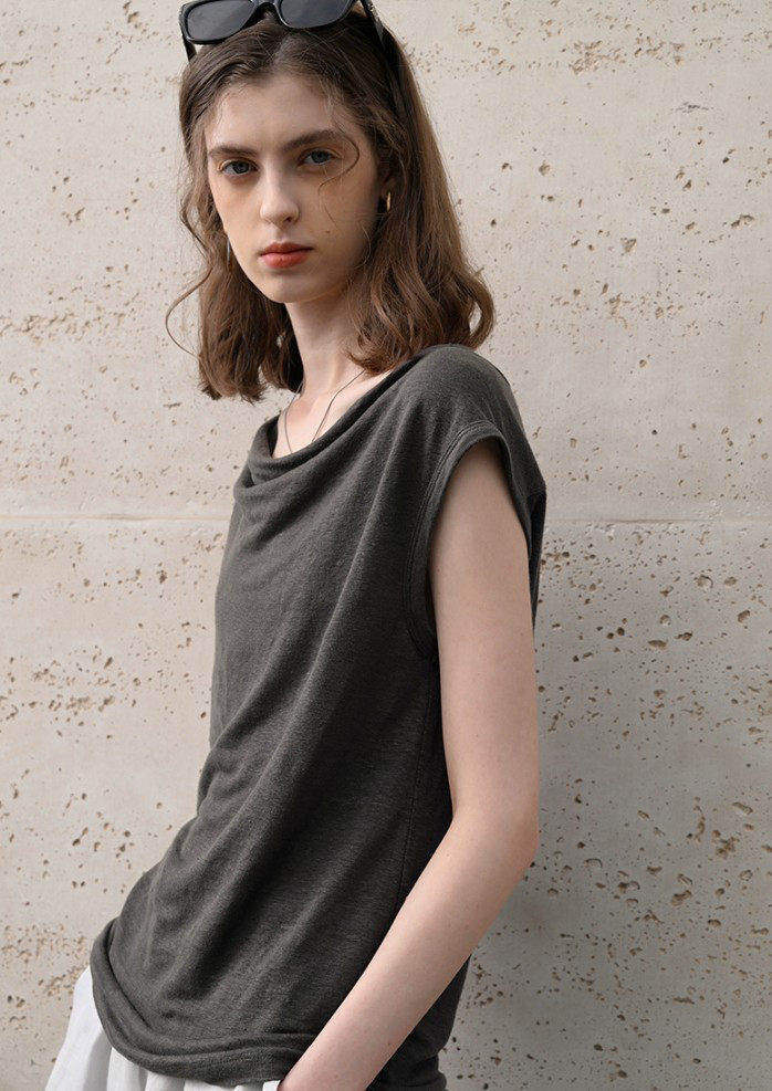 漢麻100% オフショルダートップス フレンチリラックスシルエット 夏用プレミアムニット#黒色