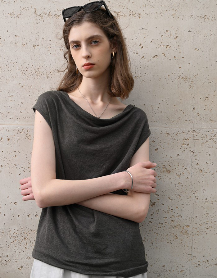 漢麻100% オフショルダートップス フレンチリラックスシルエット 夏用プレミアムニット#黒色