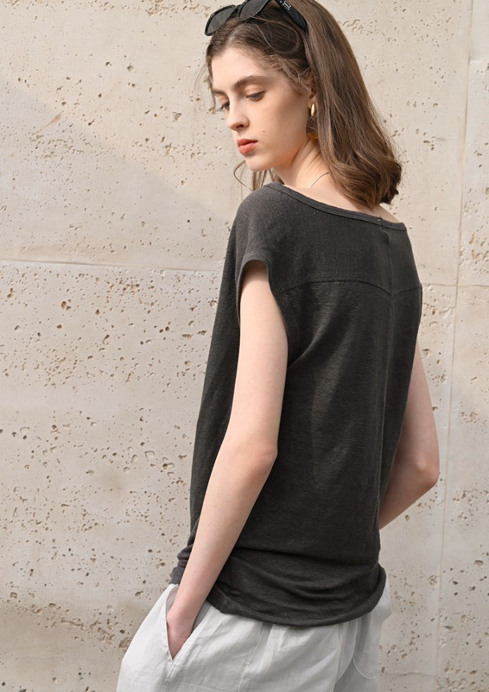 漢麻100% オフショルダートップス フレンチリラックスシルエット 夏用プレミアムニット#黒色