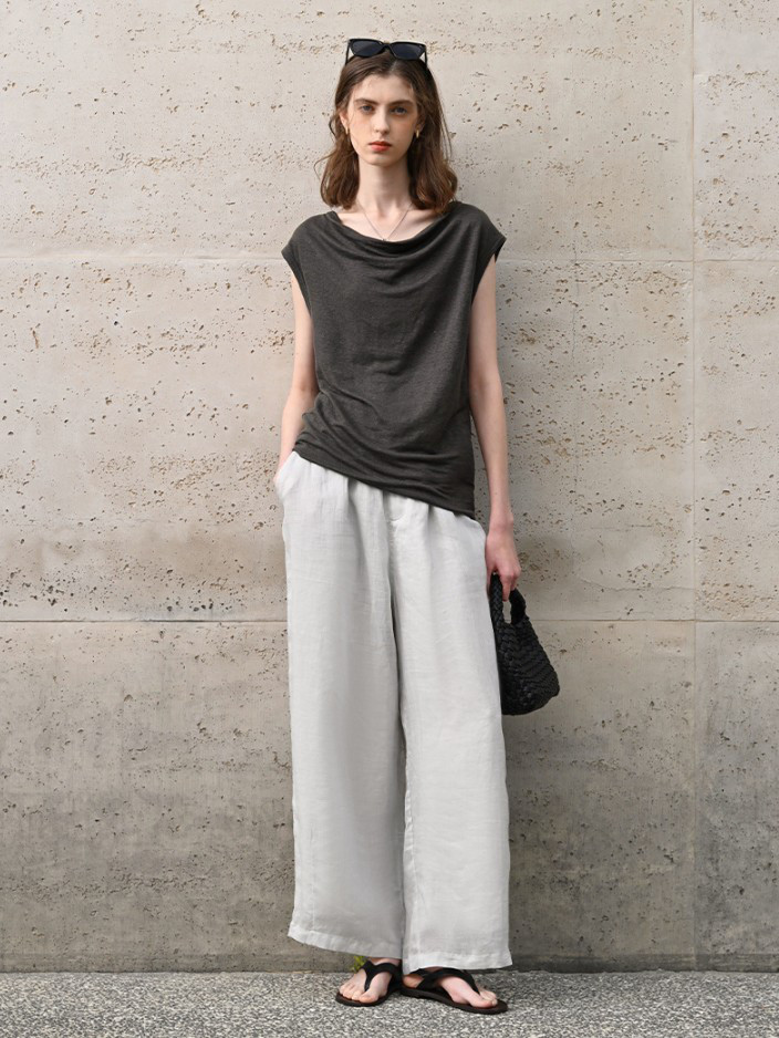 漢麻100% オフショルダートップス フレンチリラックスシルエット 夏用プレミアムニット#黒色