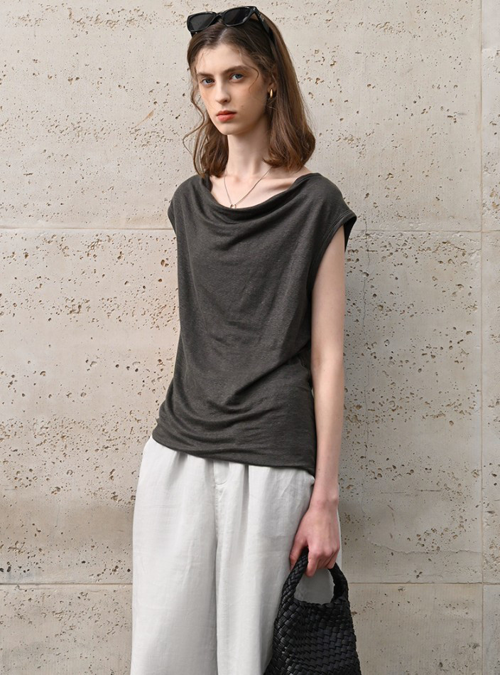 漢麻100% オフショルダートップス フレンチリラックスシルエット 夏用プレミアムニット#黒色