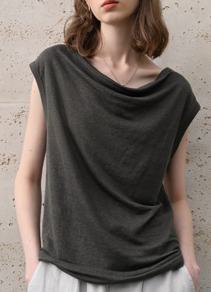 漢麻100% オフショルダートップス フレンチリラックスシルエット 夏用プレミアムニット#黒色