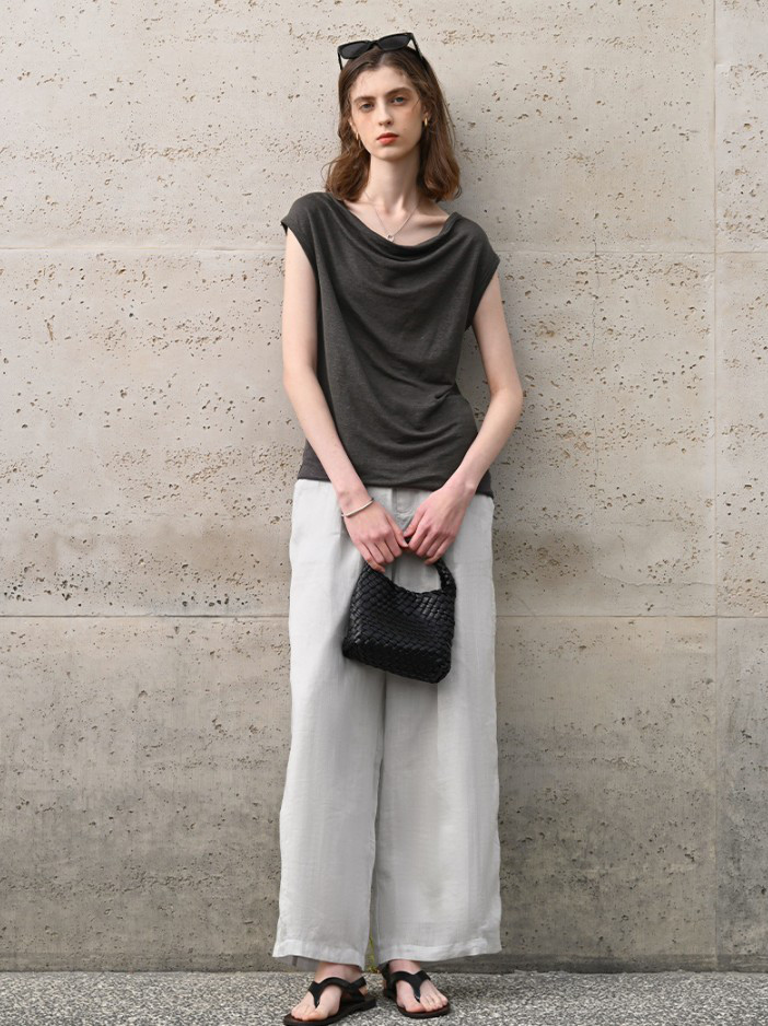 漢麻100% オフショルダートップス フレンチリラックスシルエット 夏用プレミアムニット#黒色