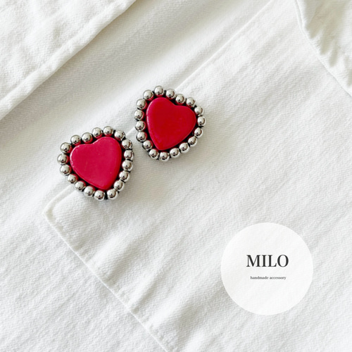ハート♡シルバー(レッド)ビーズ刺繍ピアス/イヤリング ピアス  