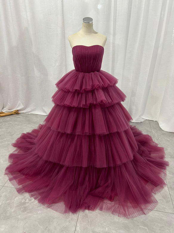 人気上昇！ ピンク ベアトップ カラードレス チュールドレス フリル  