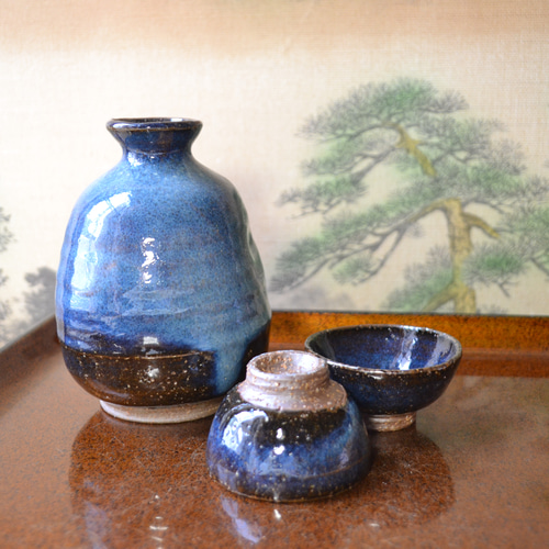 新着！】だるま徳利酒器セット(コスモブルー) 2合徳利 ぐい呑み ＊酒