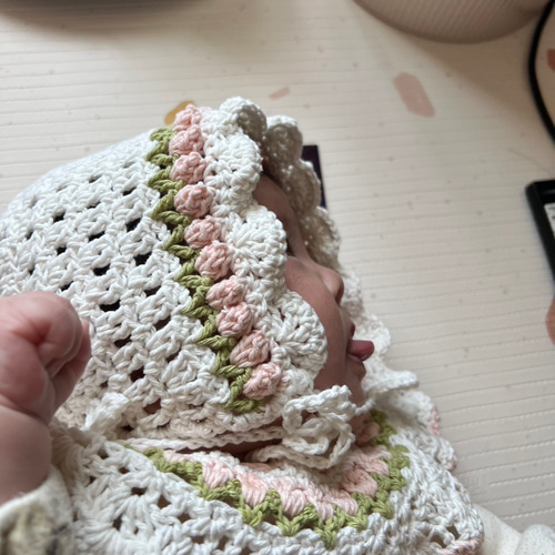 新生児 ベビー キッズ ボンネット つけ襟 セット かぎ編み コットン100