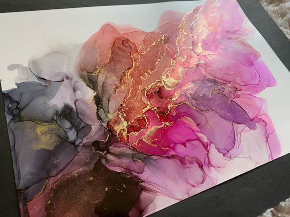 No.17 アルコールインクアート 原画 A3サイズ 絵 ピンク ゴールド 絵画