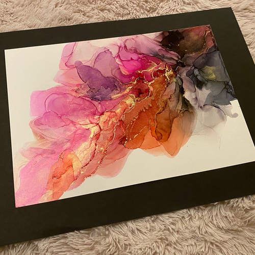No.17 アルコールインクアート 原画 A3サイズ 絵 ピンク ゴールド 絵画