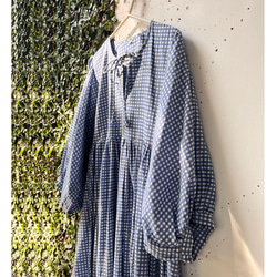 インド／インド綿 ブロックプリントロングドレス　ブルーチェック 5枚目の画像