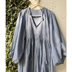 インド／インド綿 ブロックプリントロングドレス　ブルーチェック 3枚目の画像