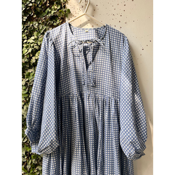 インド／インド綿 ブロックプリントロングドレス　ブルーチェック 4枚目の画像