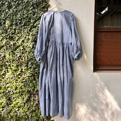 インド／インド綿 ブロックプリントロングドレス　ブルーチェック 2枚目の画像