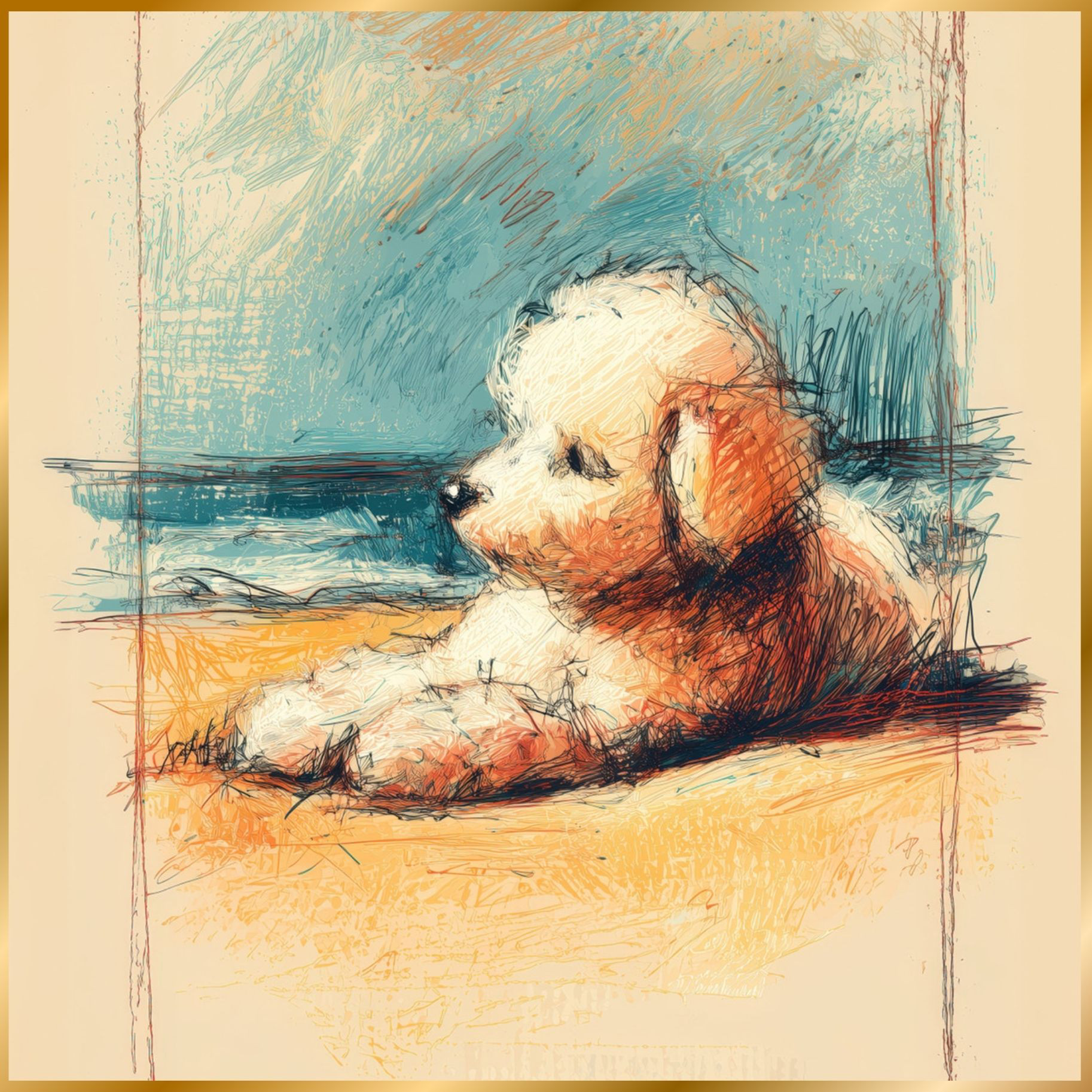 プードル犬とビーチのスケッチ No.1】トイプードル・海・犬の絵