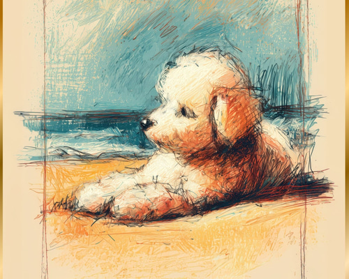 プードル犬とビーチのスケッチ No.1】トイプードル・海・犬の絵