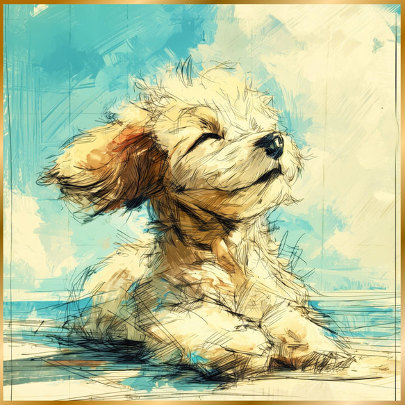 絵画　トイプードル プードル犬とビーチのスケッチ No.3】トイプードル・海・犬の絵