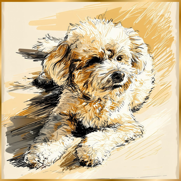 プードル犬とビーチのスケッチ No.4】トイプードル・海・犬の絵・犬の