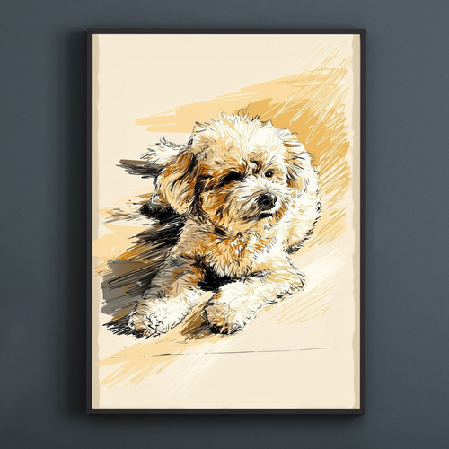 プードル犬とビーチのスケッチ No.4】トイプードル・海・犬の絵