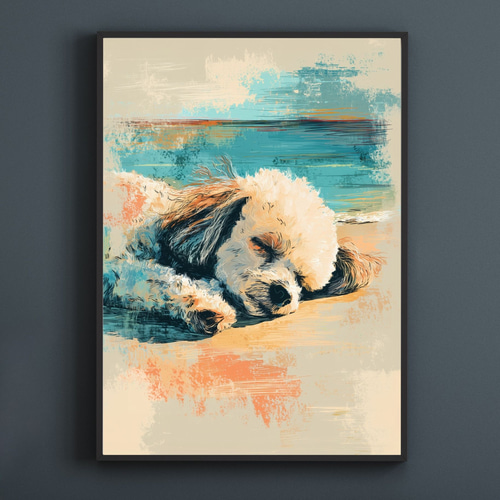 プードル犬とビーチのスケッチ No.5】トイプードル・海・犬の絵・犬の