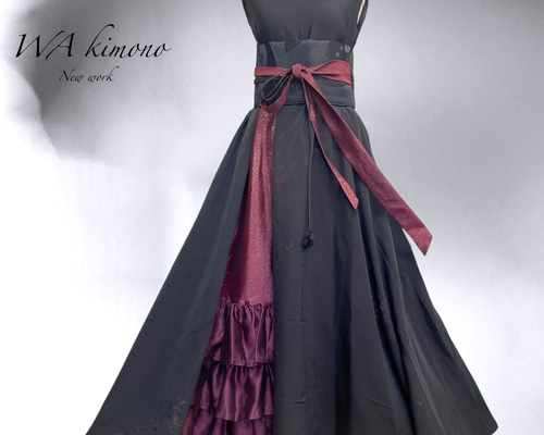 ♥セール♥◆訳あり◆着物リメイク　作家物　舞蝶文　ロングワンピース 和ロリ 着物 メイド 総柄 ロングワンピース エプロン 2way セット