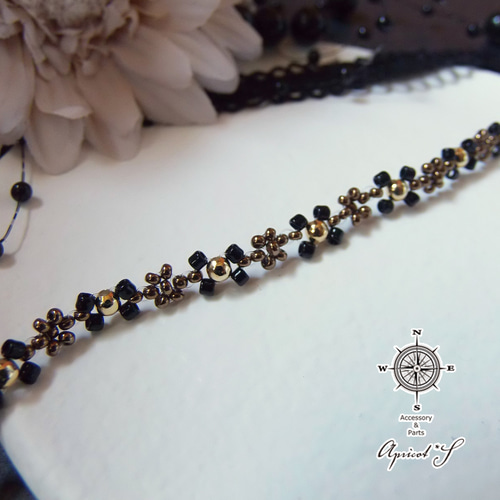 No.001 小ぶりモチーフ ビーズ編み ブレスレット ( ブラック