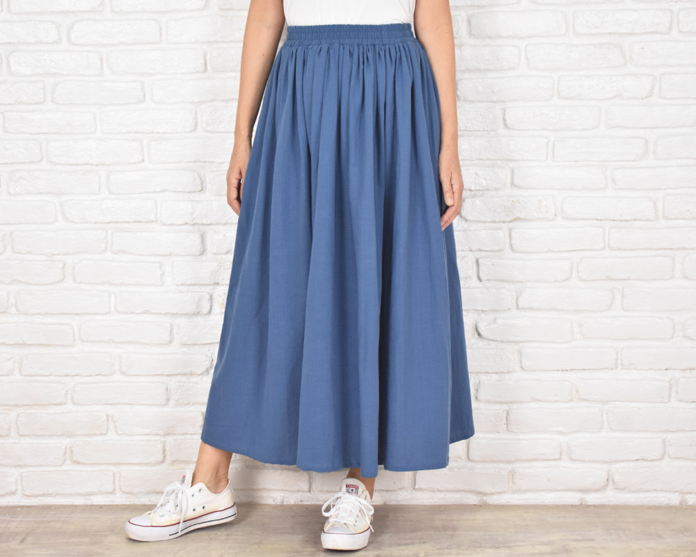 コットン素材大人のふんわりフレアスカート　ブルー　ギャザースカート