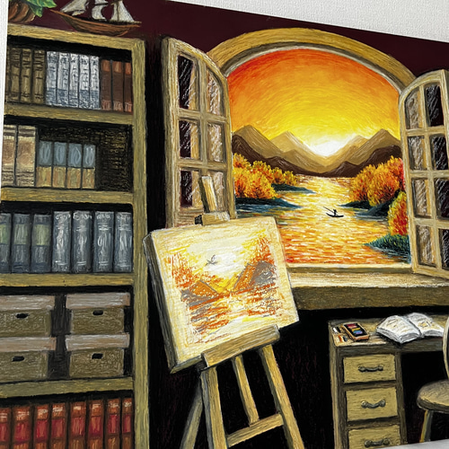 原画】書斎窓から見える景色 壁掛け 絵画 風景画 夕陽 海の絵