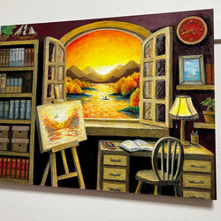 原画】書斎窓から見える景色 壁掛け 絵画 風景画 夕陽 海の絵