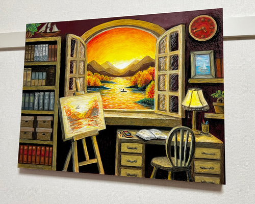 原画】書斎窓から見える景色 壁掛け 絵画 風景画 夕陽 海の絵
