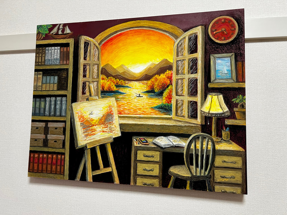 原画】書斎窓から見える景色 壁掛け 絵画 風景画 夕陽 海の絵