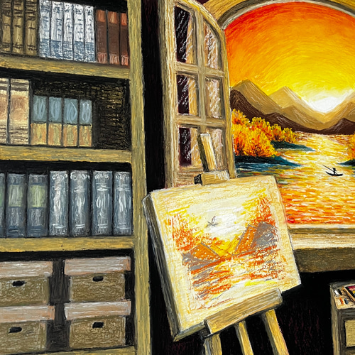 原画】書斎窓から見える景色 壁掛け 絵画 風景画 夕陽 海の絵