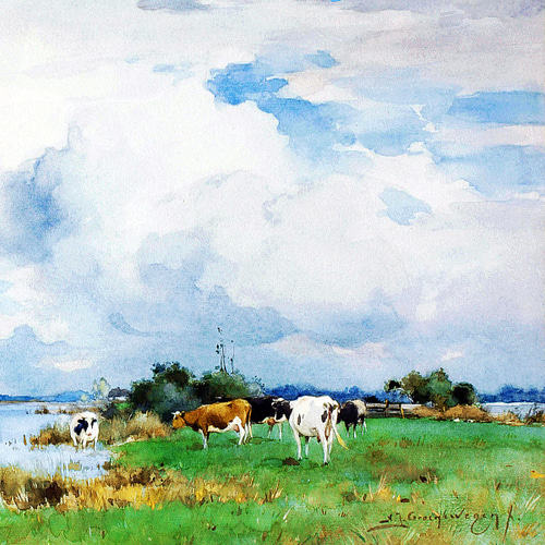 油彩画 大石和 牛小屋のある風景