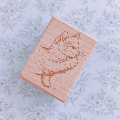 受注可】木製スタンプ 横顔ねこちゃん ラバースタンプ はんこ 猫