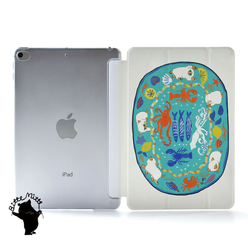 iPad(第6世代)128GB ホワイト本体 青色カバー付き iPadケース/iPadカバー 海の生き物と白猫 夏 iPad・タブレットケース