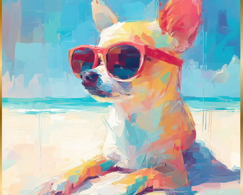 チワワ犬とビーチのスケッチ No.3】海・犬の絵・犬のイラスト