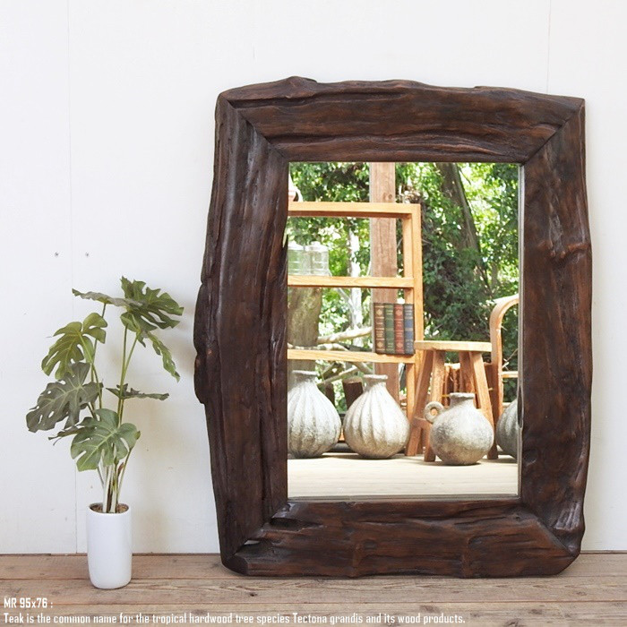 一点物 オールドチークフレームミラー 95cm×76cm 奥行 6cm 太いフレーム 鏡 アジアン家具 古材 チーク