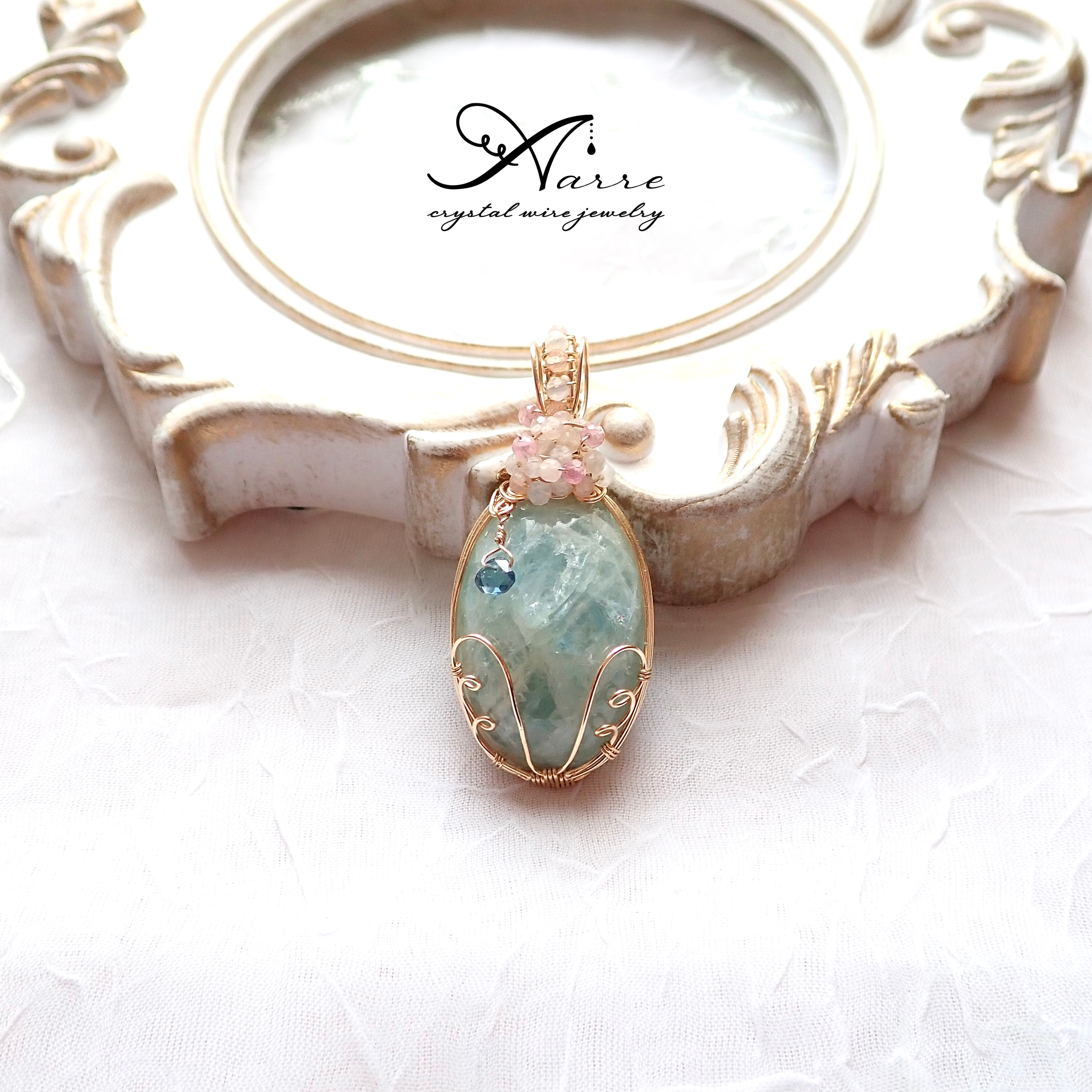 アクアマリンと天使の羽のペンダントトップ