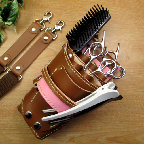 キャメル＆ピンク　６丁差し　本革　シザーケース　SCA-100/CCB 本革 ハンドメイド 6丁差し シザーケース (キャメル×ピンク) SCA-100