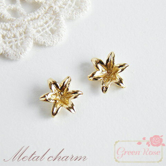 金属チャーム 18金メッキ フラワー 2個 J6-2447 GreenRoseYumi