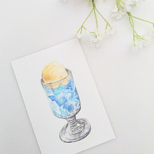 色鉛筆画コップの絵(原画) 色鉛筆画 原画 1点物 クリームソーダ 喫茶店 レトロ イラスト ハガキ