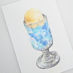色鉛筆画 原画 1点物 クリームソーダ 喫茶店 レトロ イラスト ハガキ