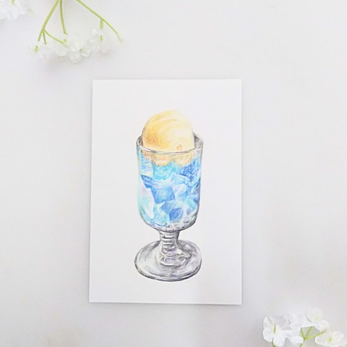 色鉛筆画 原画 1点物 クリームソーダ 喫茶店 レトロ イラスト ハガキ