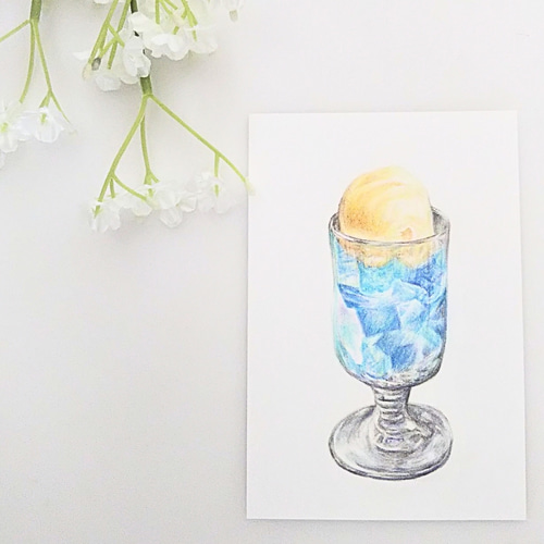 色鉛筆画 原画 1点物 クリームソーダ 喫茶店 レトロ イラスト ハガキ
