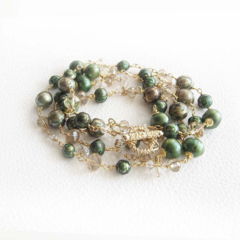 【現品限り!お値下げ】大ぶり 緑 淡水パール ブレスレット 5連 ブレス ロング ネックレス 5WAY