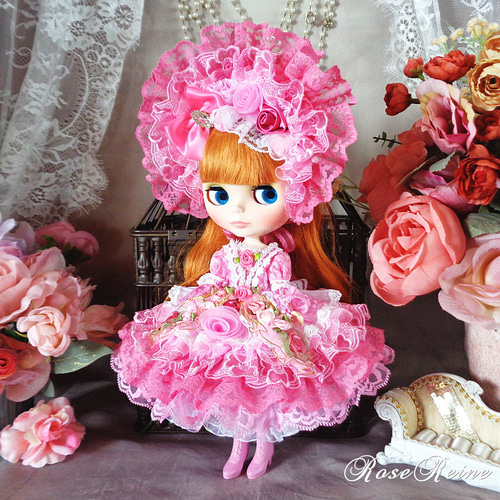 ロリータロマンス ローズピンクグラデーションのボンネットフリル