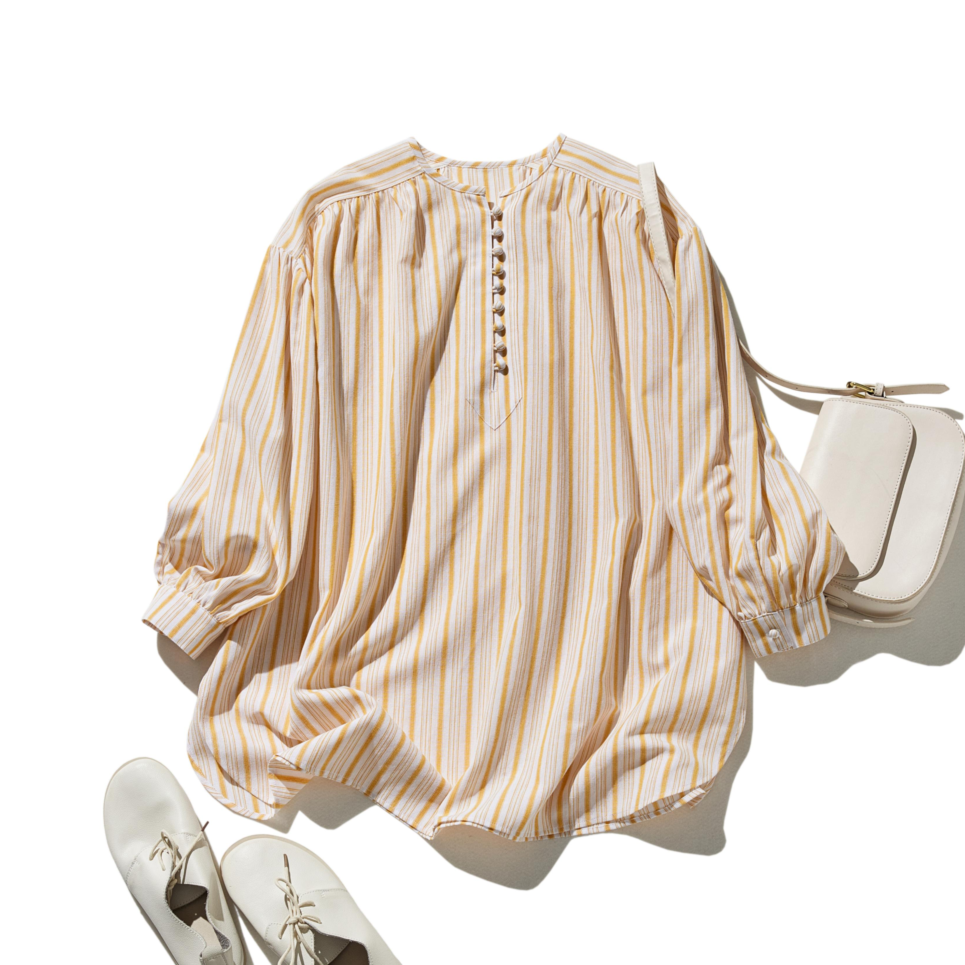 ★即納★きれいめな雰囲気が魅力のストライプチュニック　長袖ブラウス　黄色　250413-1