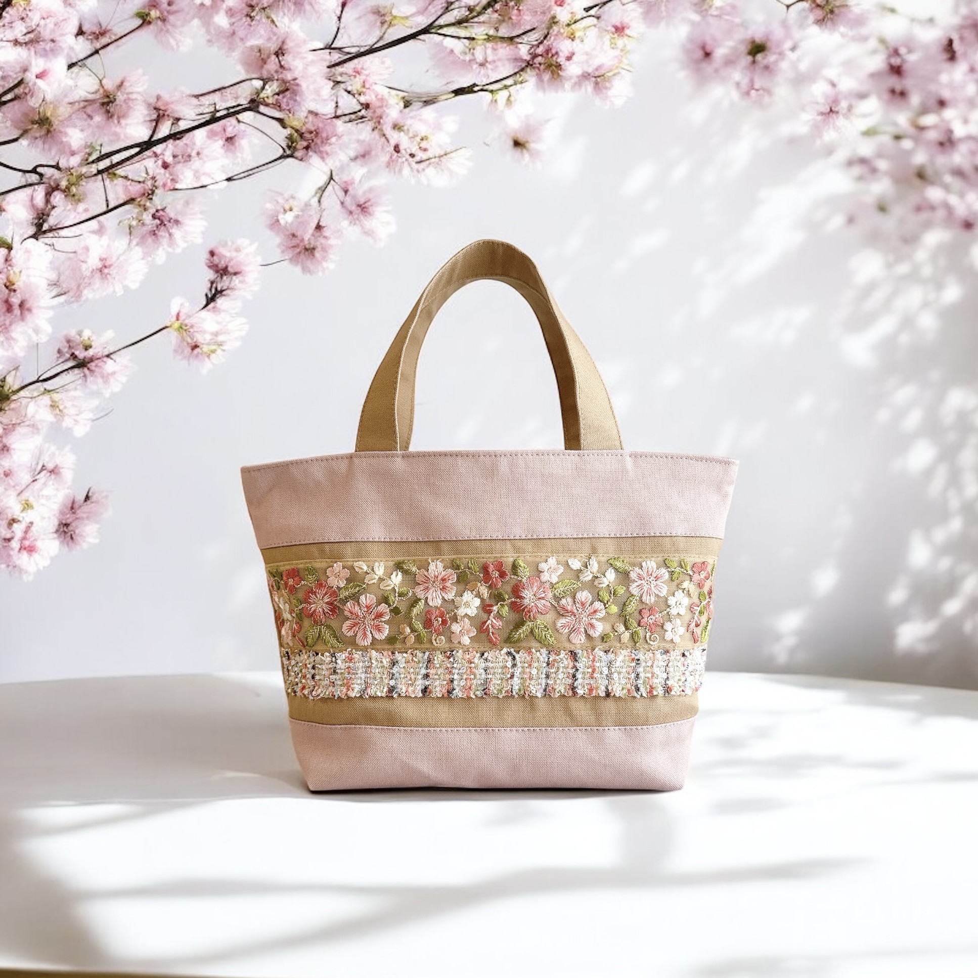 大人桜/インド刺繍×キラキラツイード 帆布◆トートバッグ